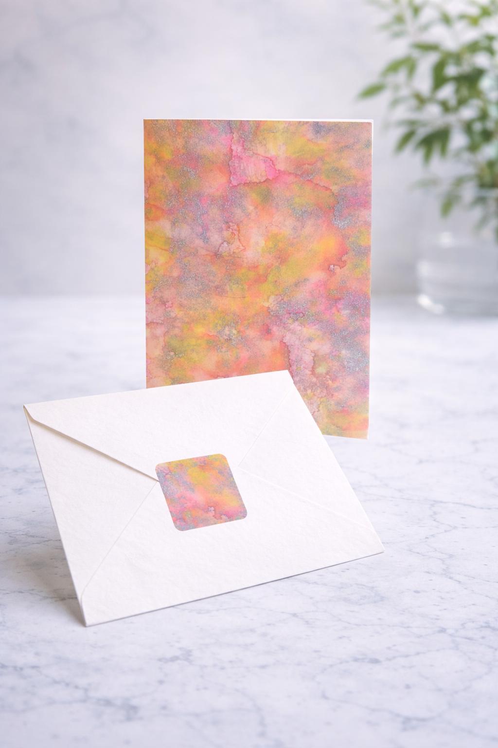 Baby Breath greeting card with watercolor design and matching envelope on a marble surface.