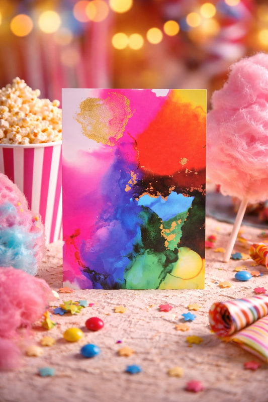 Colorful abstract greeting card with popcorn, cotton candy, and striped paper in the background