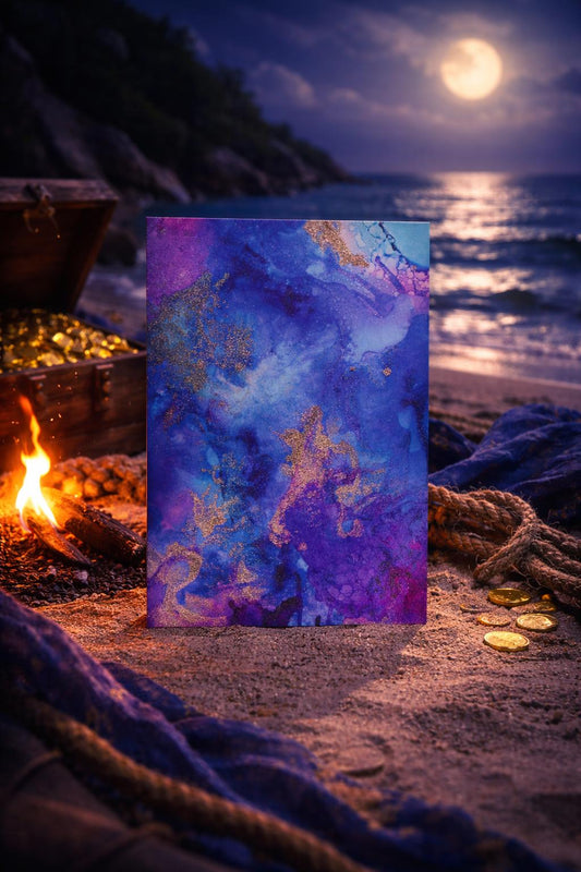 Colorful abstract greeting card on a night beach with a treasure chest and coins .