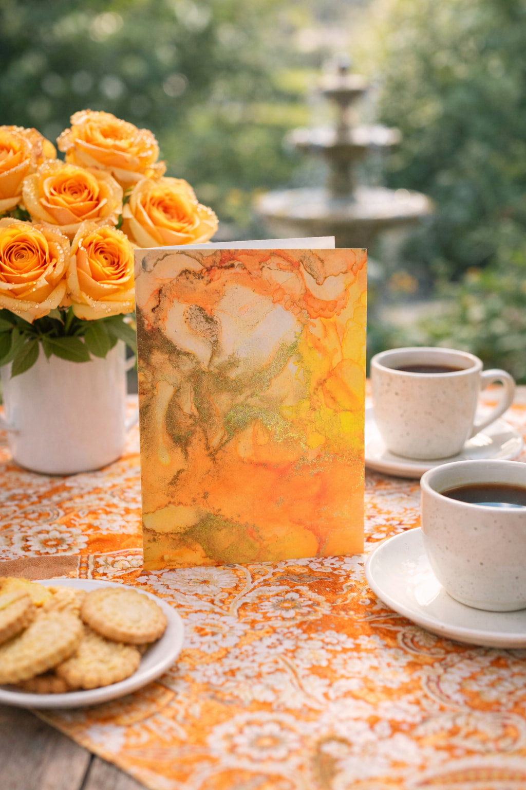 a beautiful gold topaz greeting card amidst a coffee catchup for two in the garden
