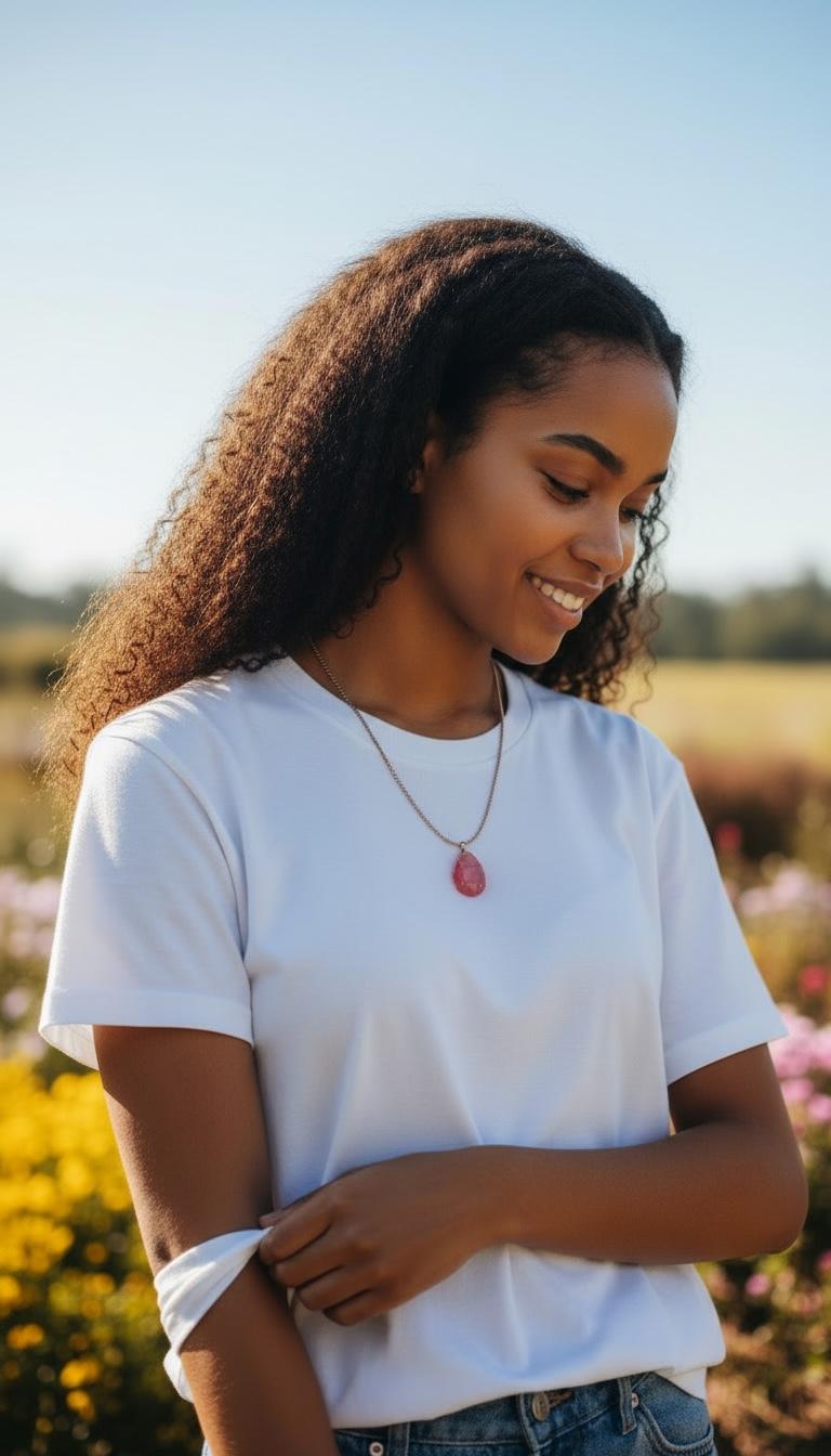 Woman in a white t-shirt standing in a field with flowers with pink necklace