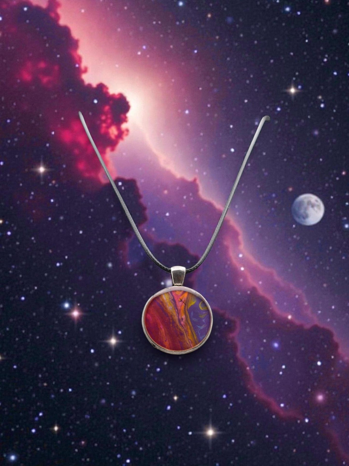 Necklace with a colorful pendant against a space-themed background