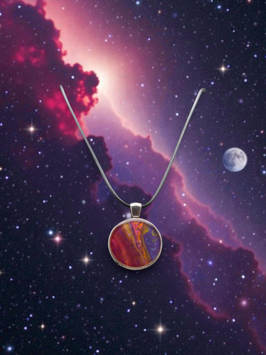 Necklace with a colorful pendant against a space-themed background