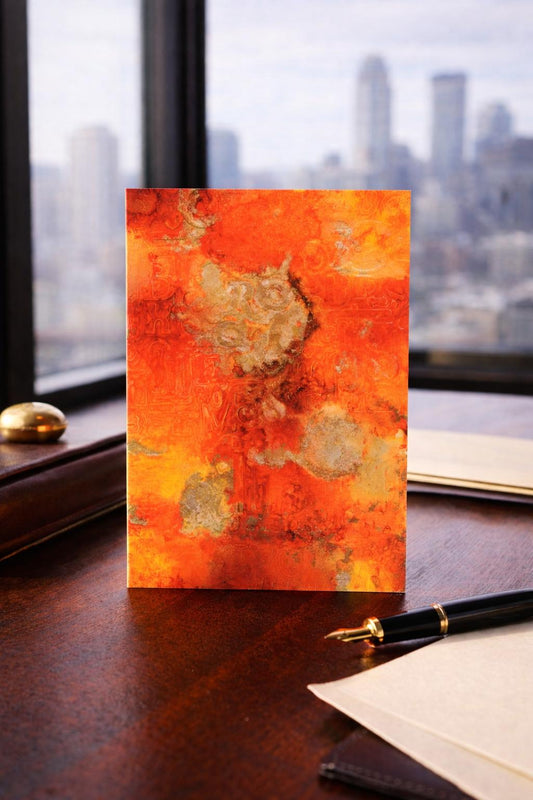 Colorful abstract greeting card art piece on a desk with a cityscape view