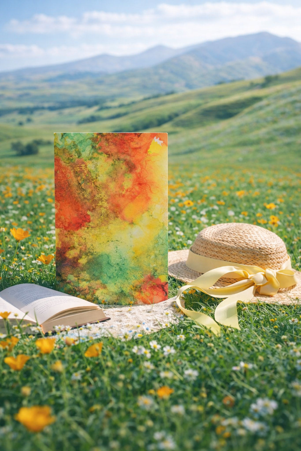 Spring meadow with greeting card